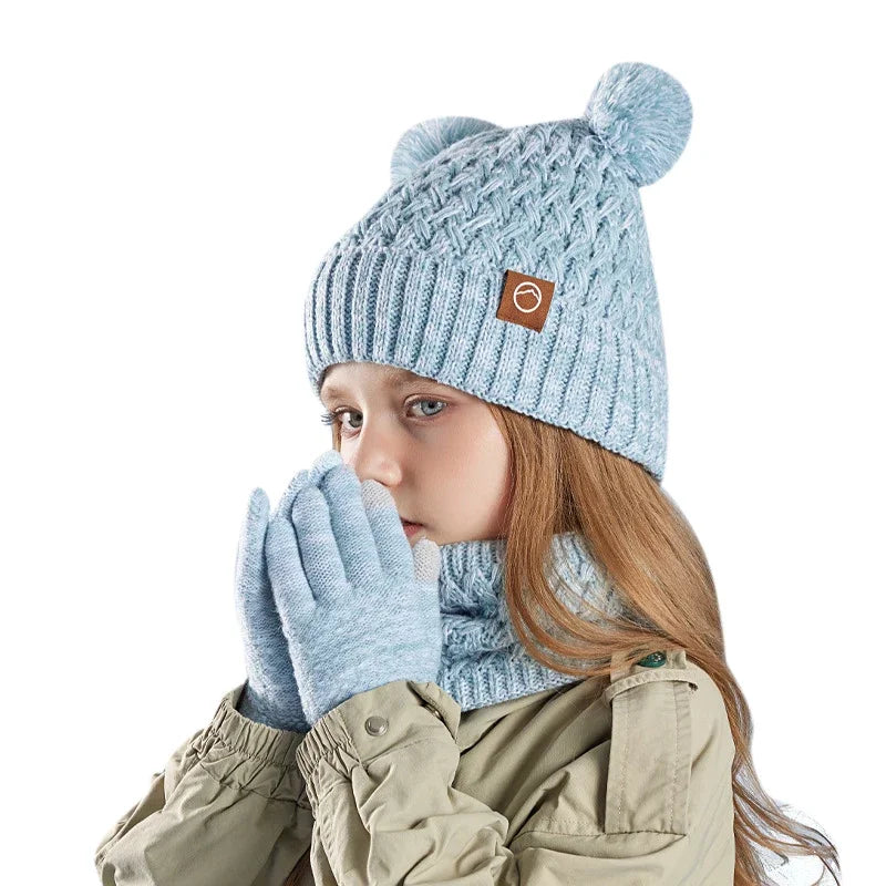 New Children Hats Scarf Gloves Set Cute Bear Colorful Knitted Hat Plus Velvet Warm Hoods Caps for Girls Baby Outdoor Accessories NS Superstore