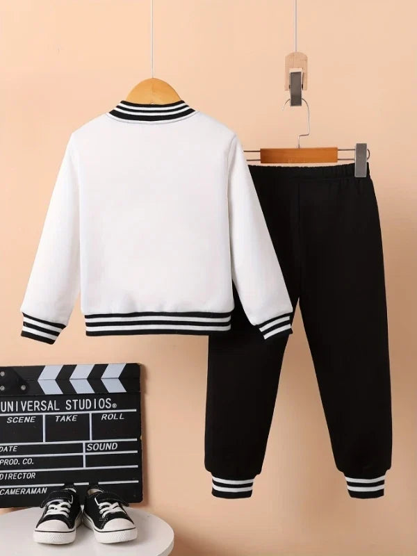 Boys' Black and White Letter "A" Varsity Jacket and Sweatpants Two-Piece Set FLIPSTYLEZLLC