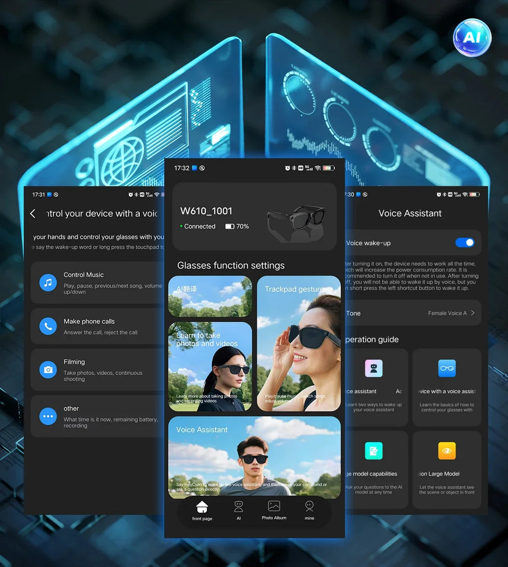 GUHUAVMI AI Smart Glasses with 8MP Camera Video Recording 100+ Languages Translation Sunglasses Bluetooth Call Music Play