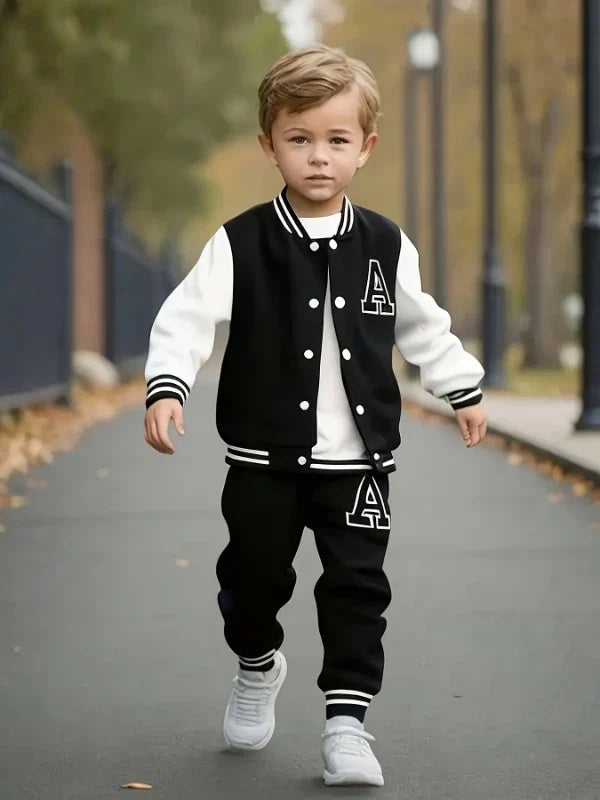 Boys' Black and White Letter "A" Varsity Jacket and Sweatpants Two-Piece Set FLIPSTYLEZLLC