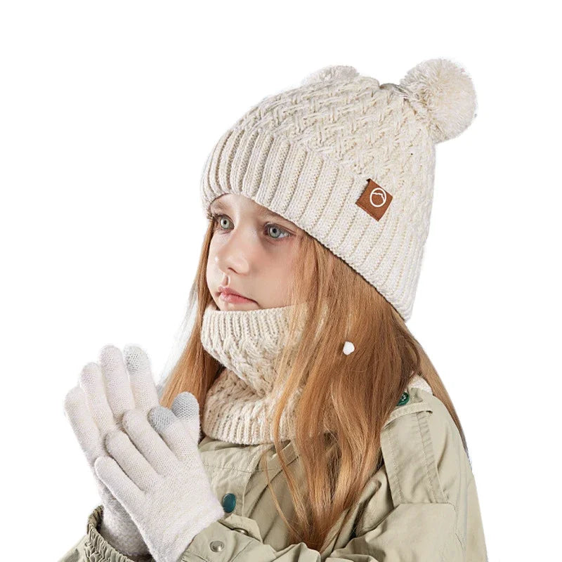 New Children Hats Scarf Gloves Set Cute Bear Colorful Knitted Hat Plus Velvet Warm Hoods Caps for Girls Baby Outdoor Accessories NS Superstore