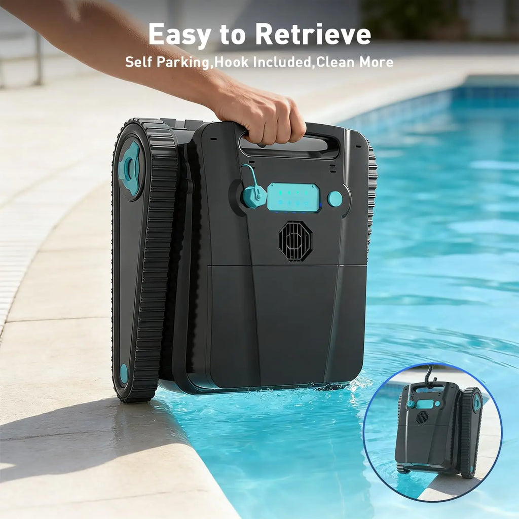 Cordless robotic pool cleaner for above-ground and in-ground pools; features automatic parking; maximum cleaning coverage of 19.8 meters / 1,100 square meters (tracked model). FLIPSTYLEZLLC