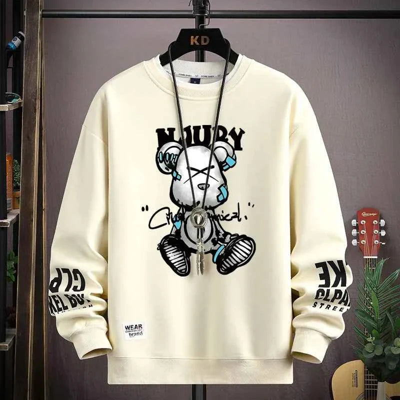 Autumn Men’s Sweatshirt Cool Bear Print Long Sleeve T-shirt Khaki O Neck Harajuku Exclusive Design Top