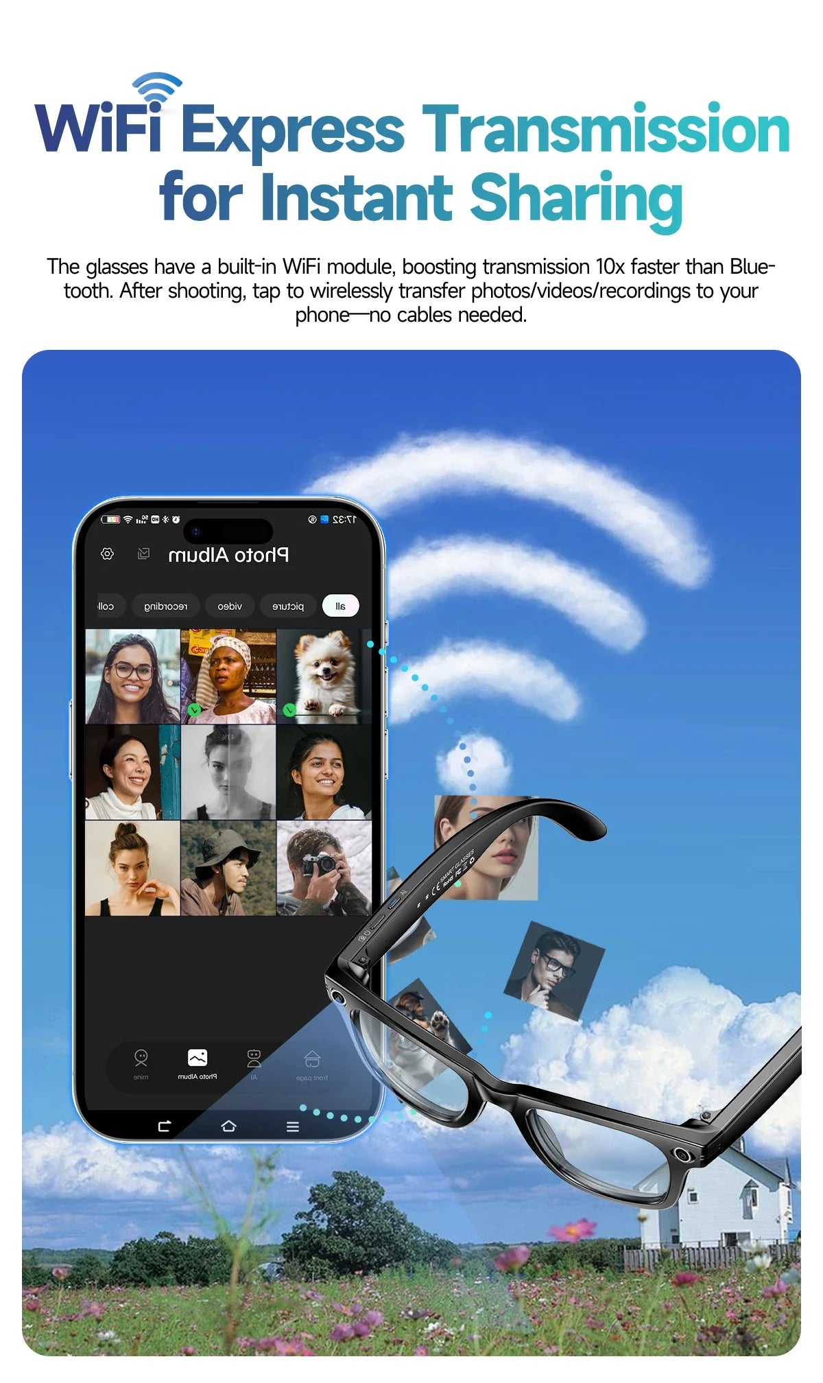 GUHUAVMI AI Smart Glasses with 8MP Camera Video Recording 100+ Languages Translation Sunglasses Bluetooth Call Music Play