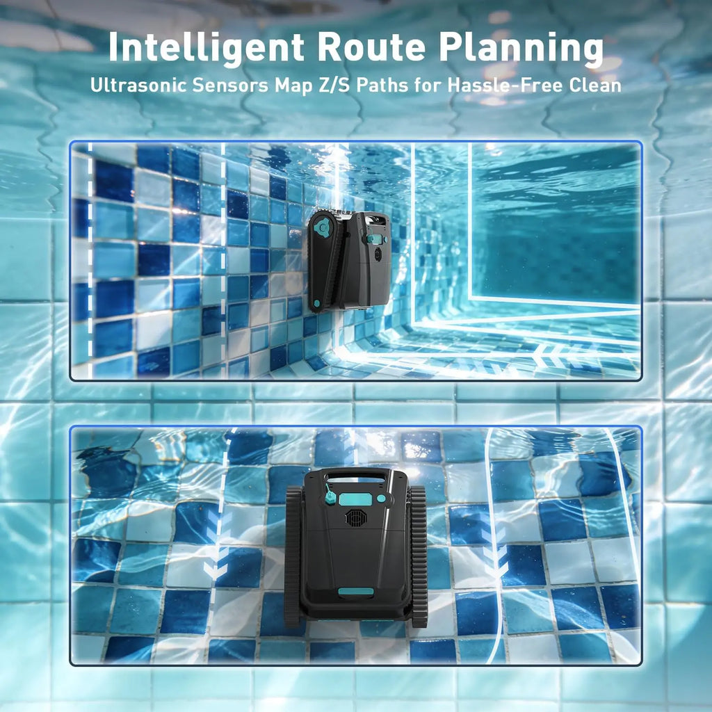 Cordless robotic pool cleaner for above-ground and in-ground pools; features automatic parking; maximum cleaning coverage of 19.8 meters / 1,100 square meters (tracked model). FLIPSTYLEZLLC