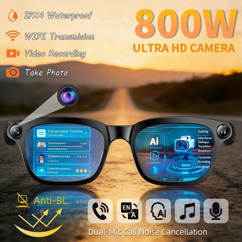 LIGE Smart Glasses HD Photo Video Open AI Record Translation Touch Photochromic Lenses Bluetooth Call Music Multifunction Glasses