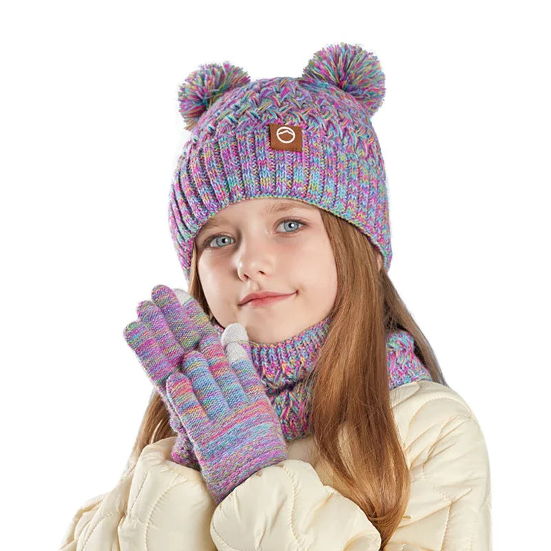 New Children Hats Scarf Gloves Set Cute Bear Colorful Knitted Hat Plus Velvet Warm Hoods Caps for Girls Baby Outdoor Accessories NS Superstore