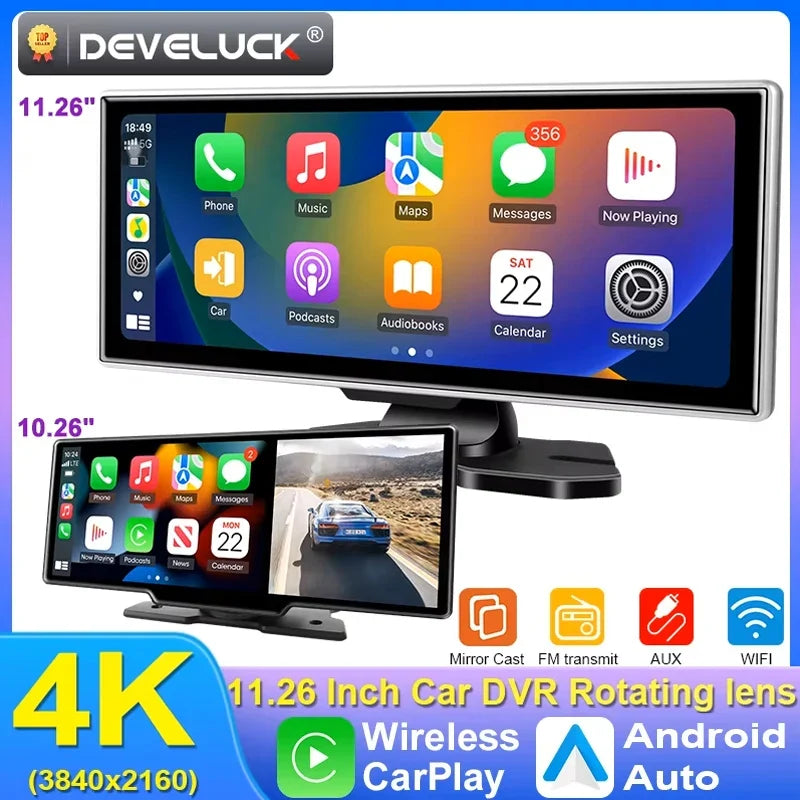 11.26 inch Dash Cam 4K Car DVR Wireless CarPlay & Android Auto GPS Navigation Video Recorder Dashboard Dual Lens WIFI FM AUX