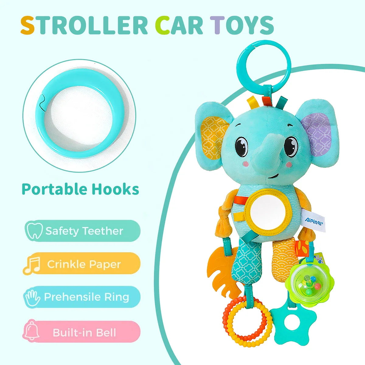 Soft Hanging Crinkle Squeaky Sensory LearningToy Stroller Car Seat Crib Travel Plush Animal Wind Chime with Teether Boys Girls