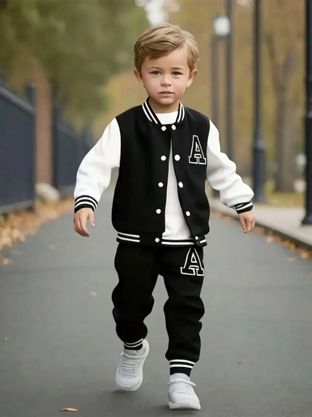 Boys' Black and White Letter "A" Varsity Jacket and Sweatpants Two-Piece Set FLIPSTYLEZLLC