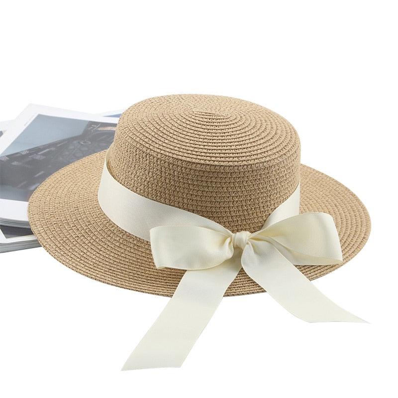 Elegant Adult Bucket Hat Beach Summer Straw Hats for Women Beach Sun Straw Hat Wide Luxury Comfortable Hat  Flat Top Ribbon Bowknot Elegant Luxury Women Summer Hat 56-58cm Stevvex