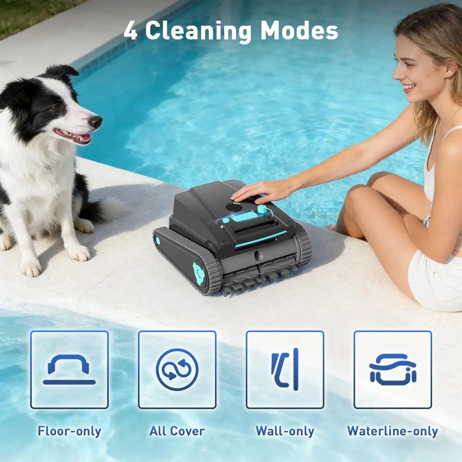 Cordless robotic pool cleaner for above-ground and in-ground pools; features automatic parking; maximum cleaning coverage of 19.8 meters / 1,100 square meters (tracked model). FLIPSTYLEZLLC