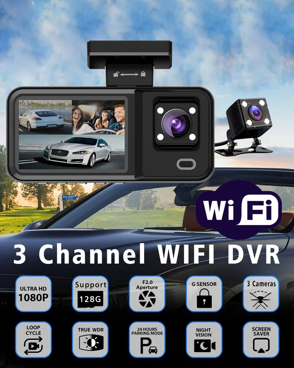 3 Channel WIFI Car DVR HD 1080P Cabin Vehicle Dash Cam Three Way Camera DVRs Recorder Video