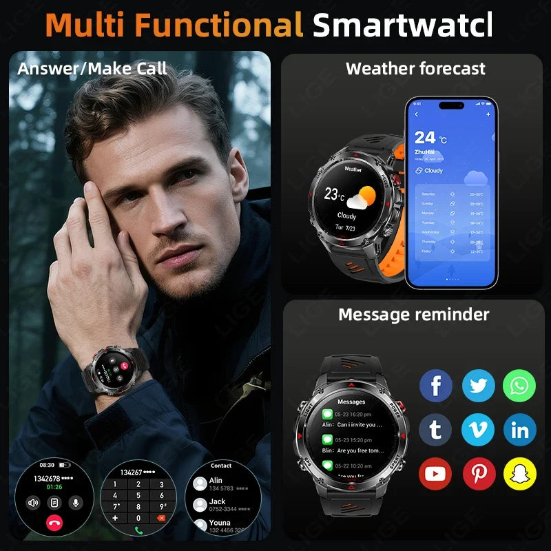LIGE New Professional GPS Track Sports Smartwatch Outdoor RIDE Run Compass Altimeter 3ATM Fitness Bracelets 540mAh Watches