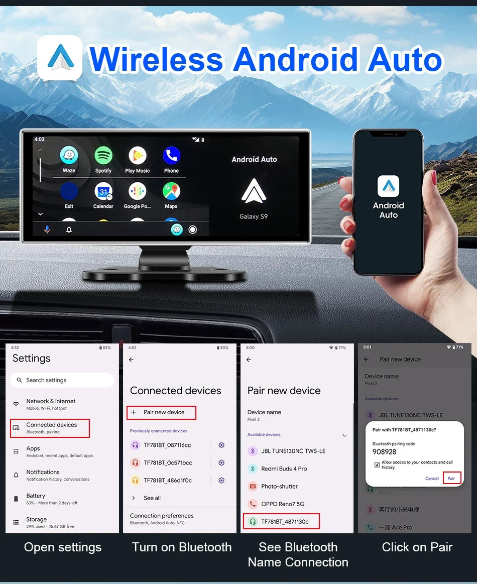 11.26 inch Dash Cam 4K Car DVR Wireless CarPlay & Android Auto GPS Navigation Video Recorder Dashboard Dual Lens WIFI FM AUX