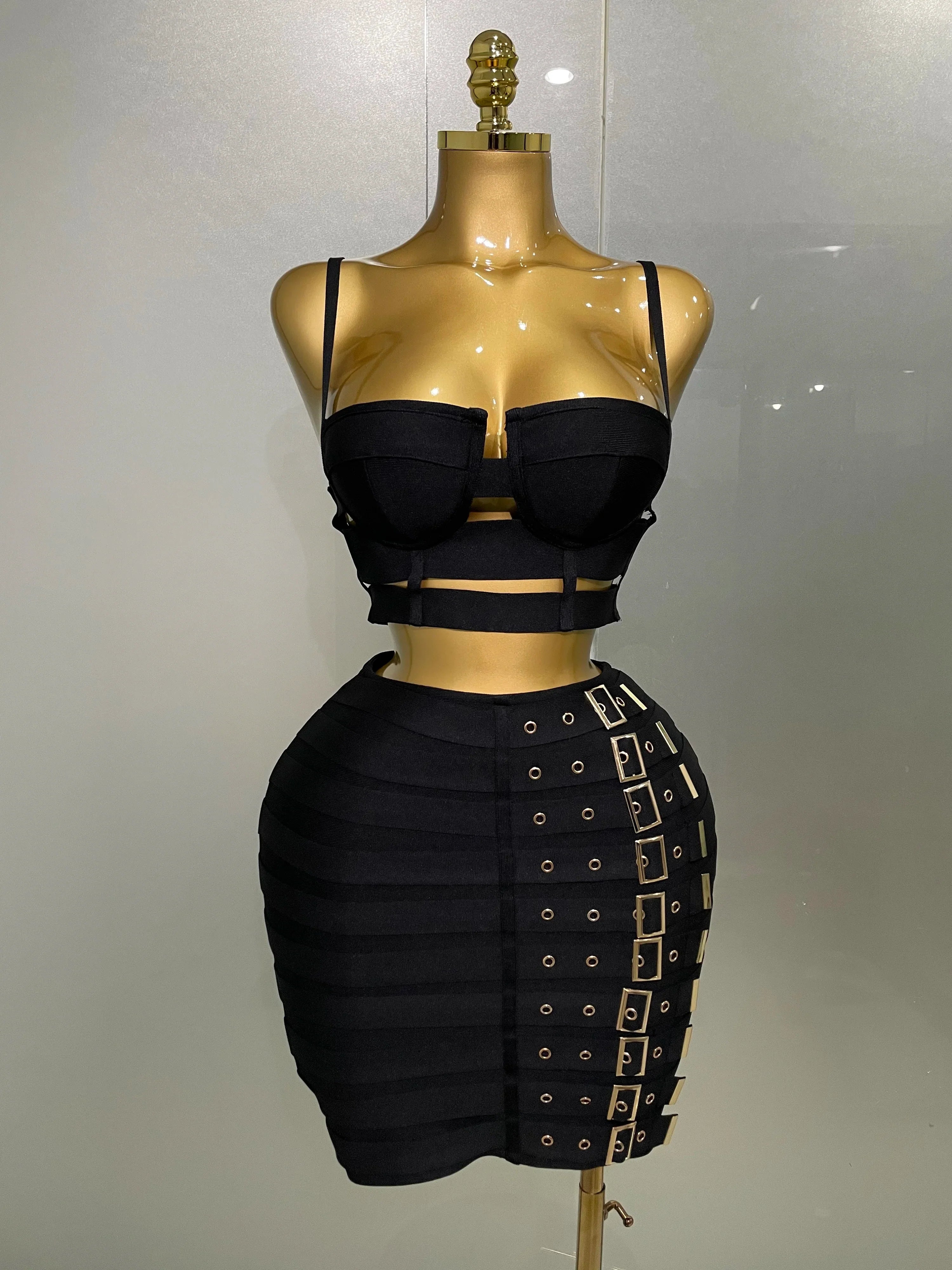 Sculpted Buckle Bandage Bustier & Mini Skirt Set