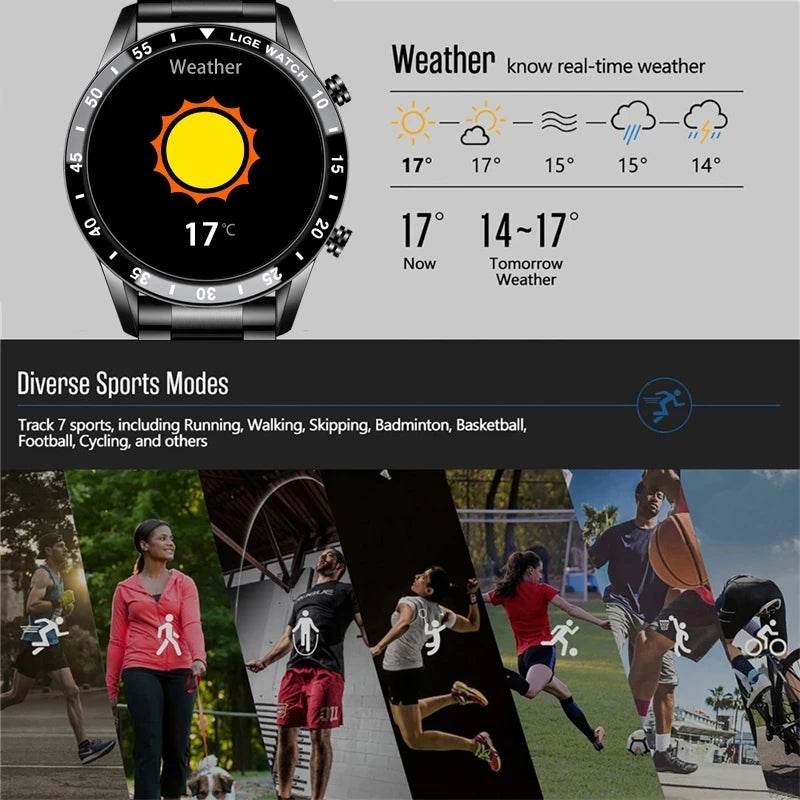 LIGE New Smart Watch Men Bluetooth Call Watch IP67 Waterproof Sports Fitness Bracelet For Android IOS Clock