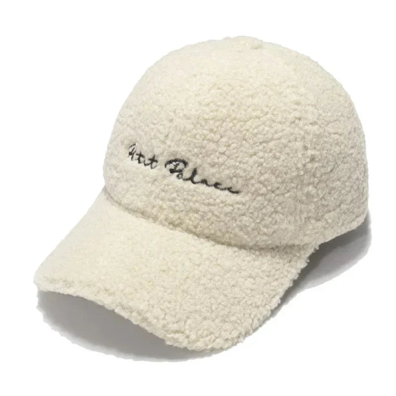 Lamb Wool Baseball Cap — Korean Style Plush Winter Sun Hat for Women FitiqueFit