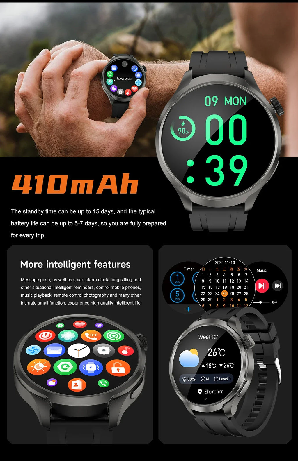 New GPS Sports NFC Fashion Smartwatch Men's 1.85 "AMOLED Screen Heart Rate Blood Pressure Health Smart Watch For Huawei IOS