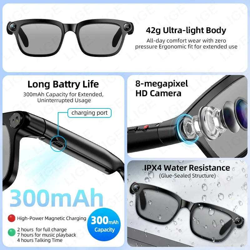 LIGE Smart Glasses HD Photo Video Open AI Record Translation Touch Photochromic Lenses Bluetooth Call Music Multifunction Glasses