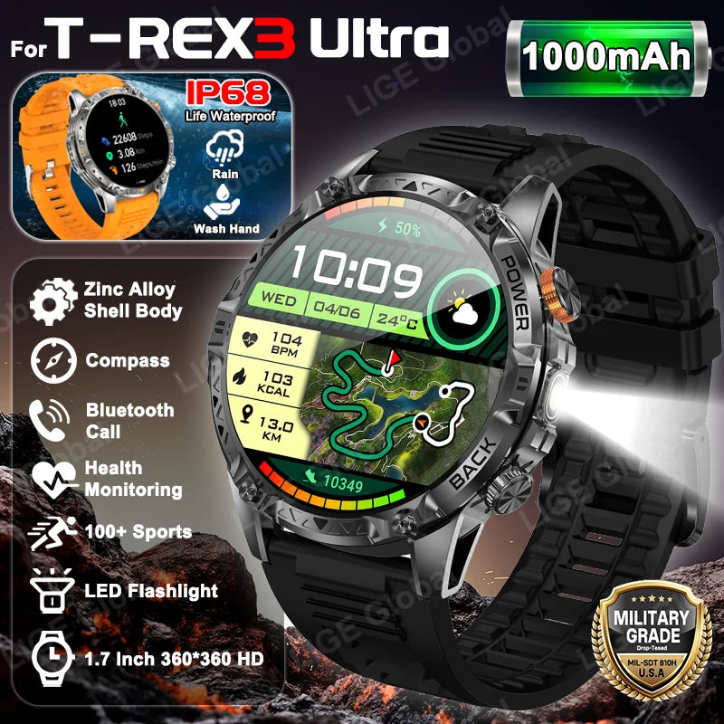 LIGE New Military T-Rex 3 Ultra Smart Watch 1000mAh Battery IP68 Waterproof Compass Flashlight Sports Tracker Smartwatch