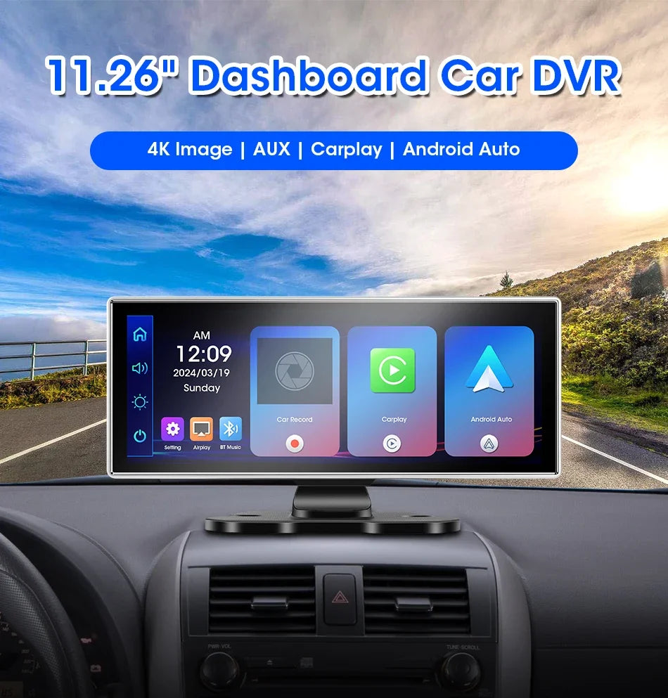 11.26 inch Dash Cam 4K Car DVR Wireless CarPlay & Android Auto GPS Navigation Video Recorder Dashboard Dual Lens WIFI FM AUX