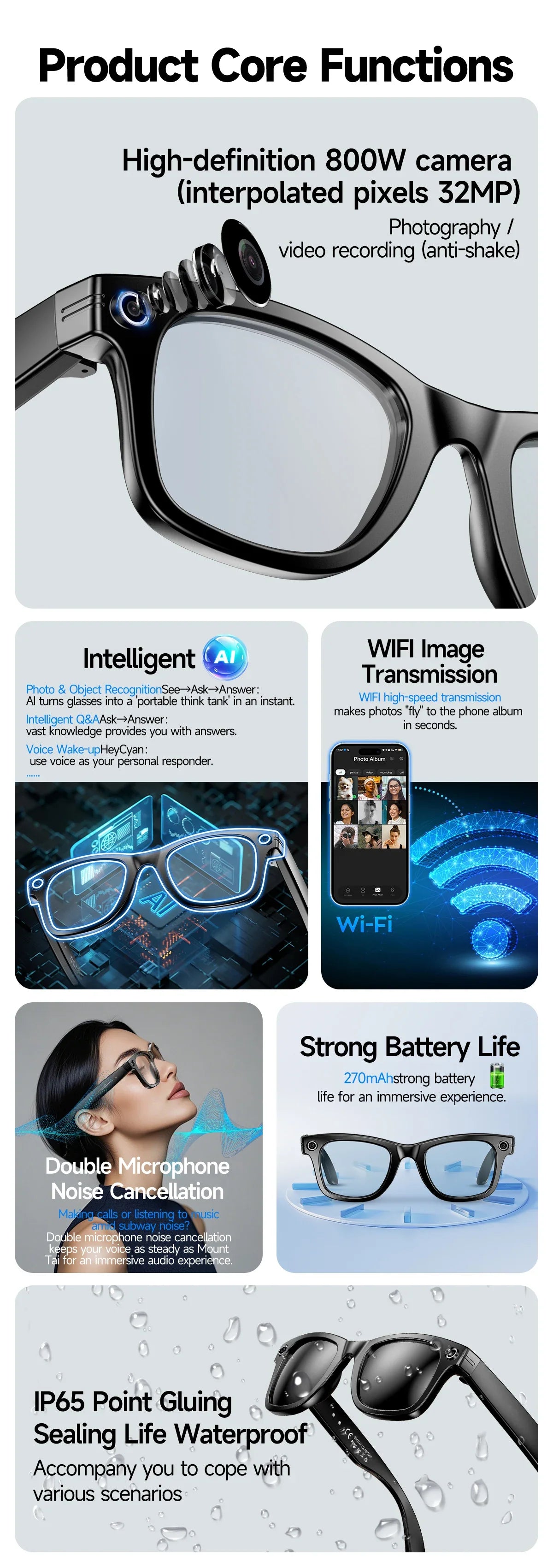 GUHUAVMI AI Smart Glasses with 8MP Camera Video Recording 100+ Languages Translation Sunglasses Bluetooth Call Music Play