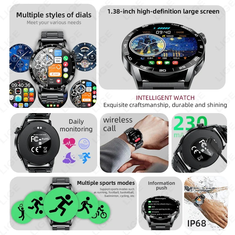 LIGE Smartwatch Men For Android iOS Phone 1.38" HD Bluetooth Call Heart Rate Monitor Waterproof Sport Smart Watch