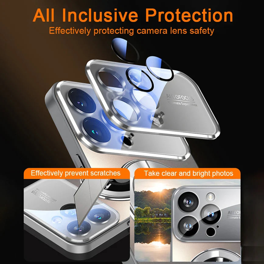 Luxury Glass Camera Lens Case for MagSafe Magnetic Wireless Charging, Shockproof Cover for iPhone 11 12 13 14 15 16 Pro Max Plus