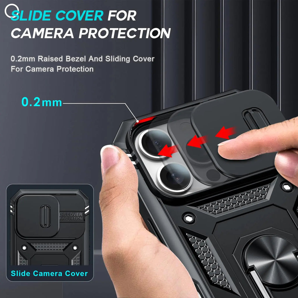 Case For iPhone 16 15 14 13 12 11 Pro XS Max XR Plus Camera Slide Military Grade Armor Protection 360 Degree Rotate Armor Cover