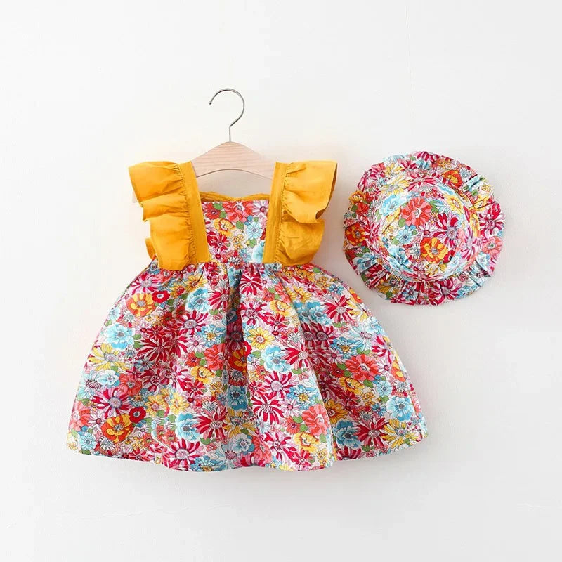 Summer New Girl Baby Strap Dress Fragmented Flower Children's Sleeveless Princess Dress 0-3 Year Old Newborn Comes with Hat NS Superstore