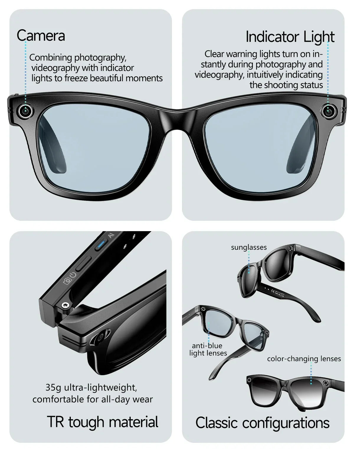 GUHUAVMI AI Smart Glasses with 8MP Camera Video Recording 100+ Languages Translation Sunglasses Bluetooth Call Music Play