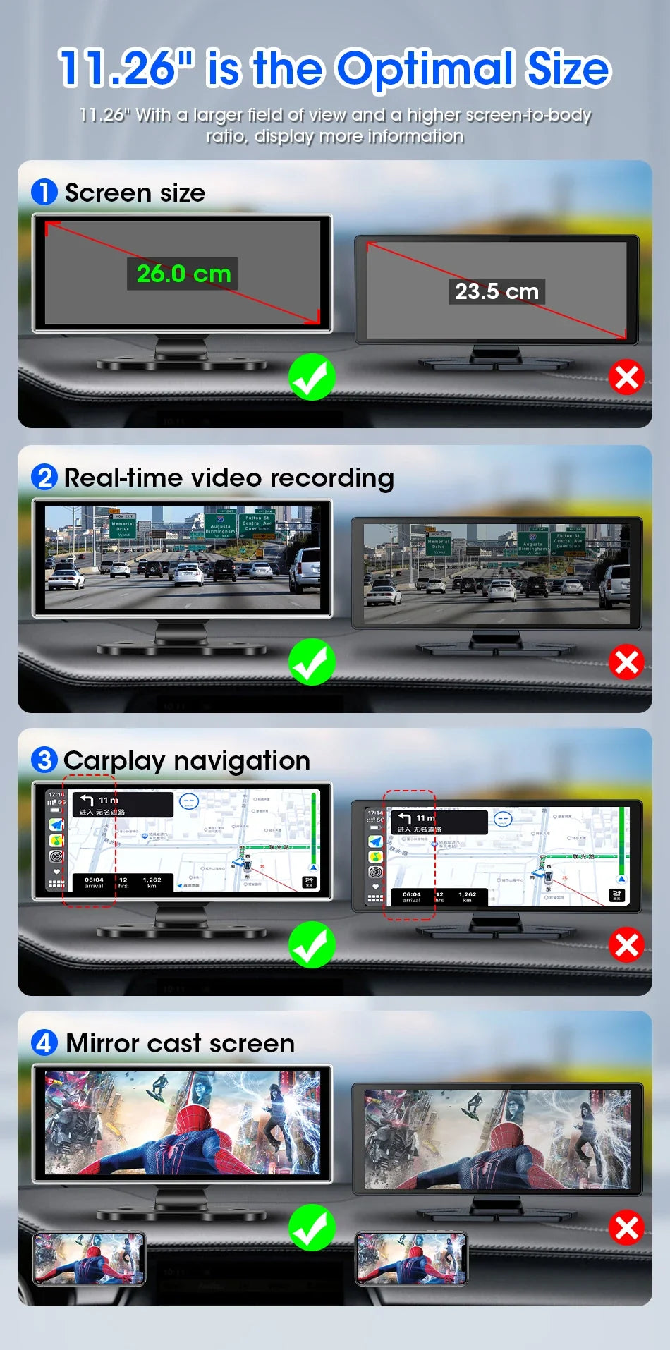 11.26 inch Dash Cam 4K Car DVR Wireless CarPlay & Android Auto GPS Navigation Video Recorder Dashboard Dual Lens WIFI FM AUX