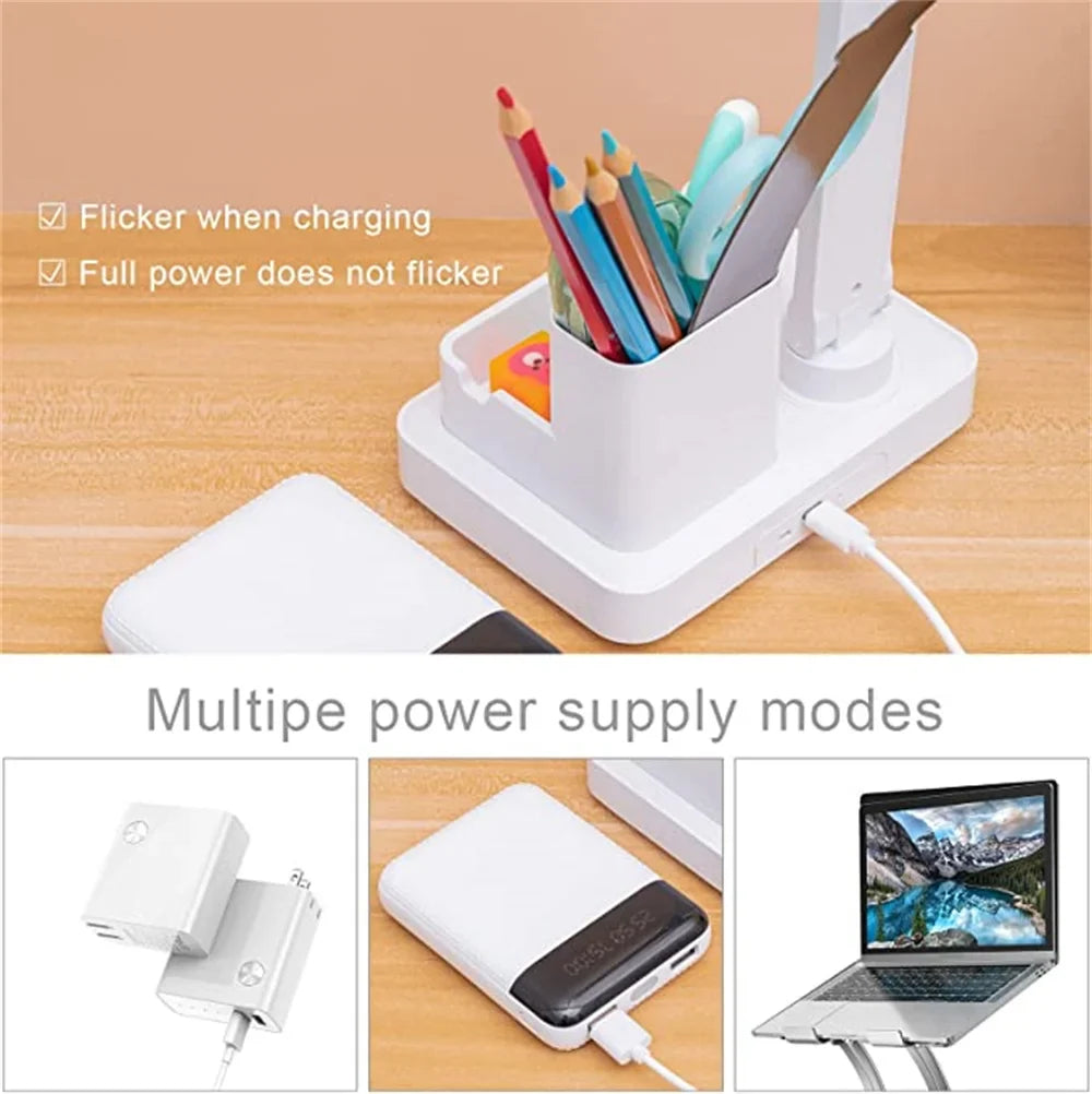 LED Desk Lamp USB Dimmable Touch Foldable Table Lamp with Calendar Temperature Clock Night Light for Study Reading Lamp
