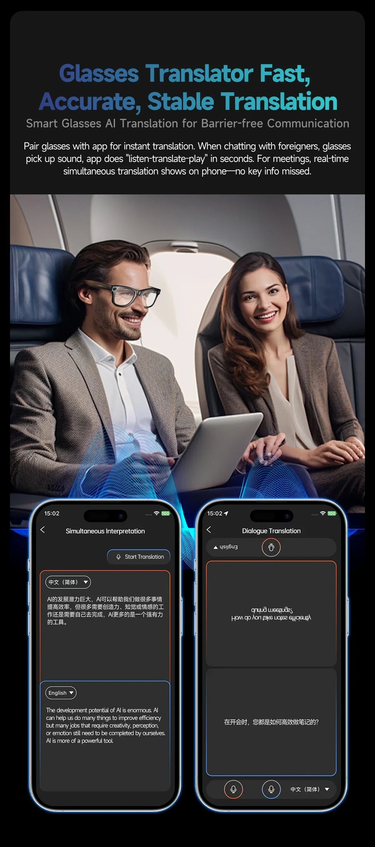 GUHUAVMI AI Smart Glasses with 8MP Camera Video Recording 100+ Languages Translation Sunglasses Bluetooth Call Music Play