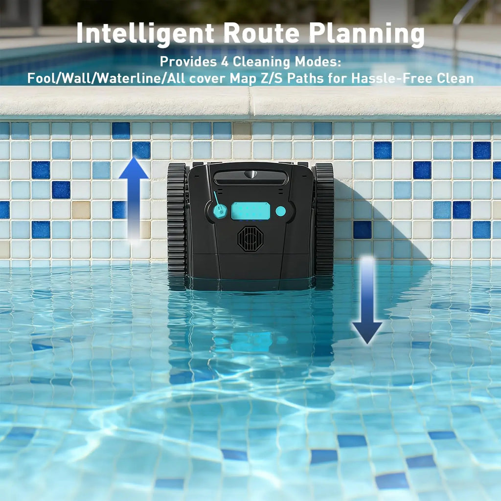 Cordless robotic pool cleaner for above-ground and in-ground pools; features automatic parking; maximum cleaning coverage of 19.8 meters / 1,100 square meters (tracked model). FLIPSTYLEZLLC