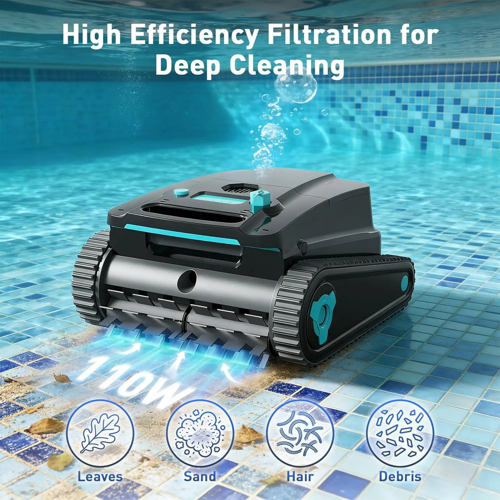 Cordless robotic pool cleaner for above-ground and in-ground pools; features automatic parking; maximum cleaning coverage of 19.8 meters / 1,100 square meters (tracked model). FLIPSTYLEZLLC