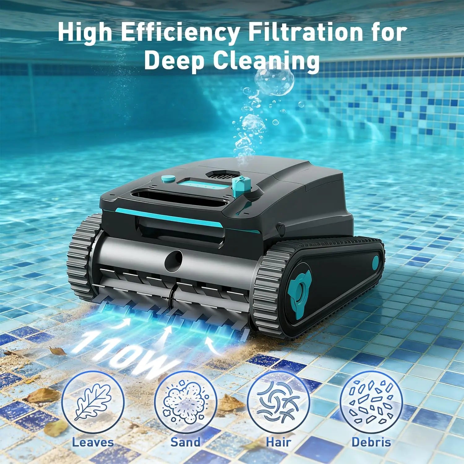 Cordless robotic pool cleaner for above-ground and in-ground pools; features automatic parking; maximum cleaning coverage of 19.8 meters / 1,100 square meters (tracked model). FLIPSTYLEZLLC