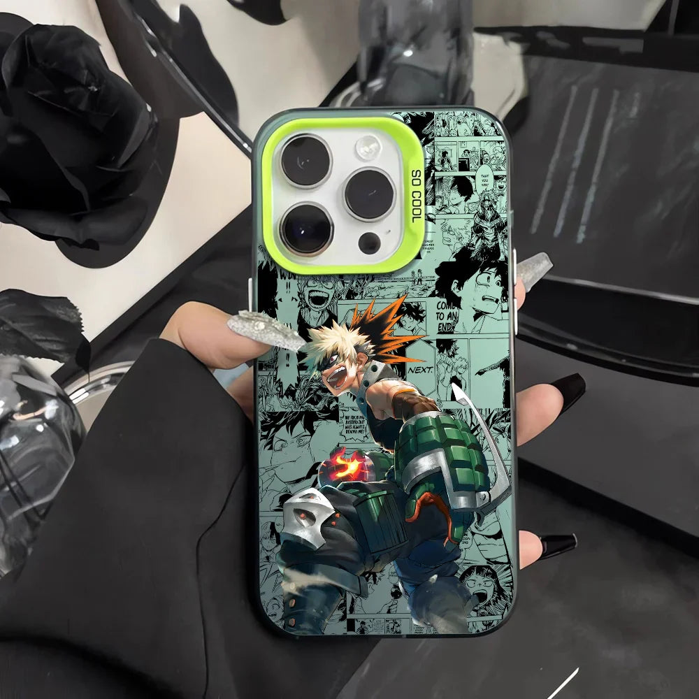 Anime K-Katsuki Bakugo Phone Case For iPhone 16 15 14 13 12 11 Pro Max Black Matte Multicolor Laser Metallic Aurora Cover