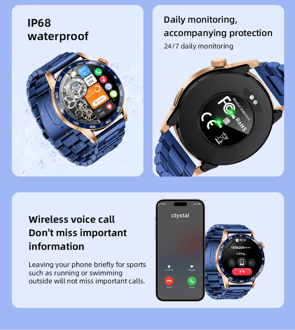 LIGE Smartwatch Men For Android iOS Phone 1.38" HD Bluetooth Call Heart Rate Monitor Waterproof Sport Smart Watch