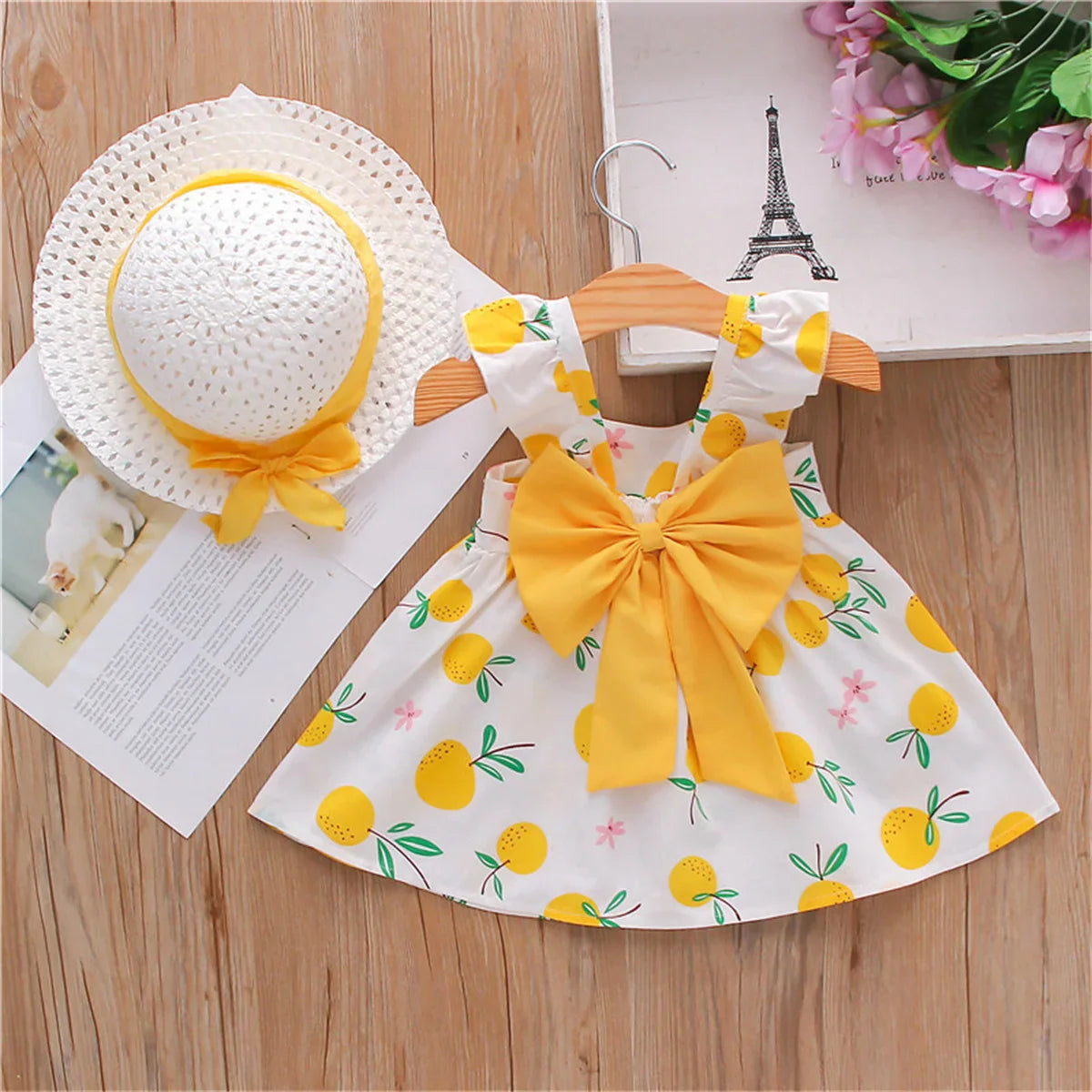 2Pcs/SetSummer girls dress children's clothing new small suspender bow orange print vest skirt with hat as a gift NS Superstore