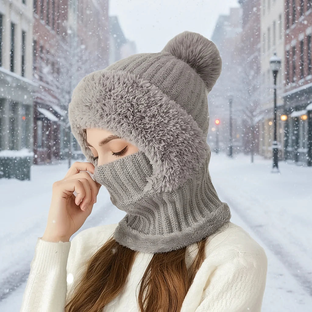Winter Lined Knit Hat with Earflap & Hooded Neck Gaiter FitiqueFit