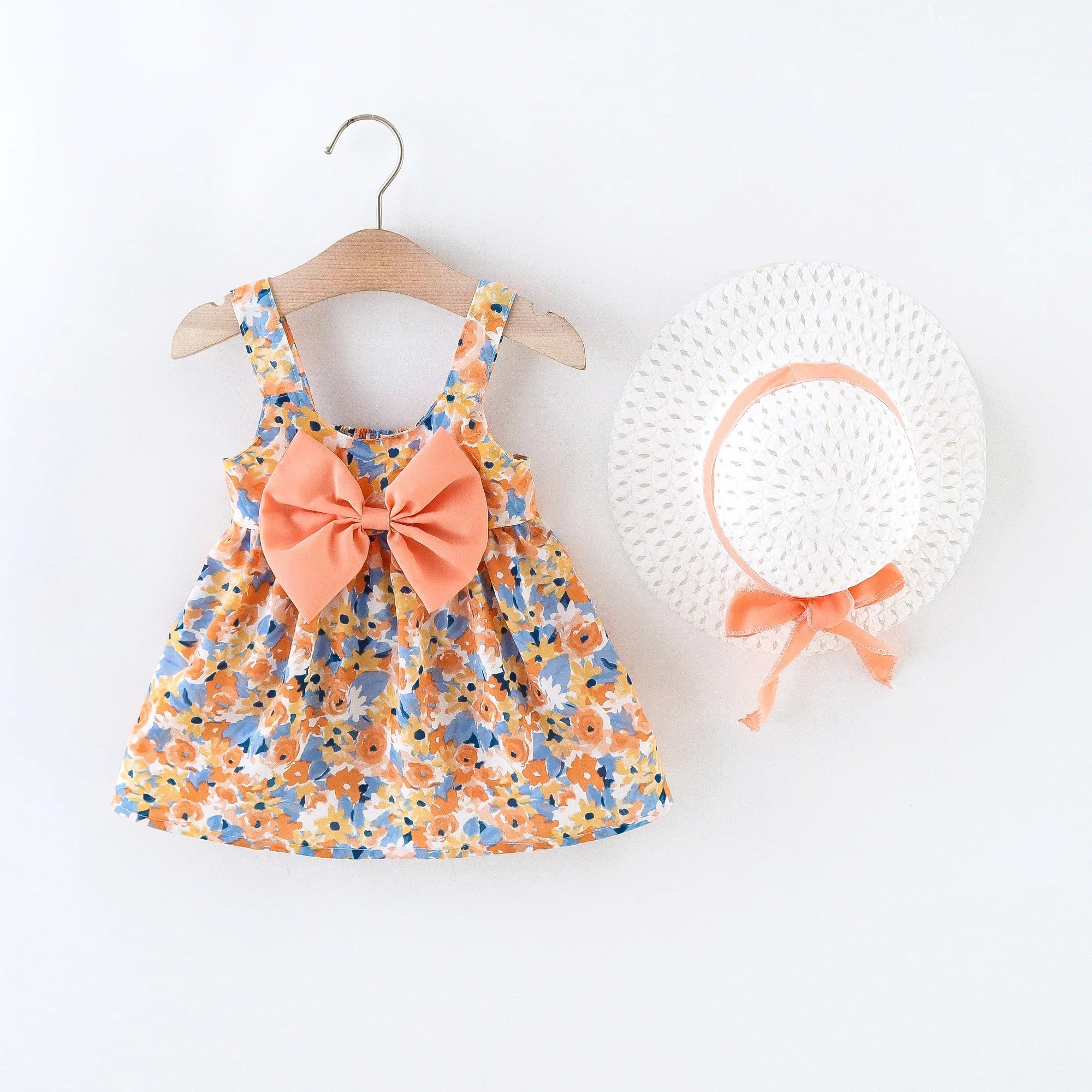 2Pcs/Set Flowers Baby Girl Dresses Summer Fashion Toddler Children Clothes Beach Smooth Dress Kid's Costume Hat 0 To 3 Y NS Superstore