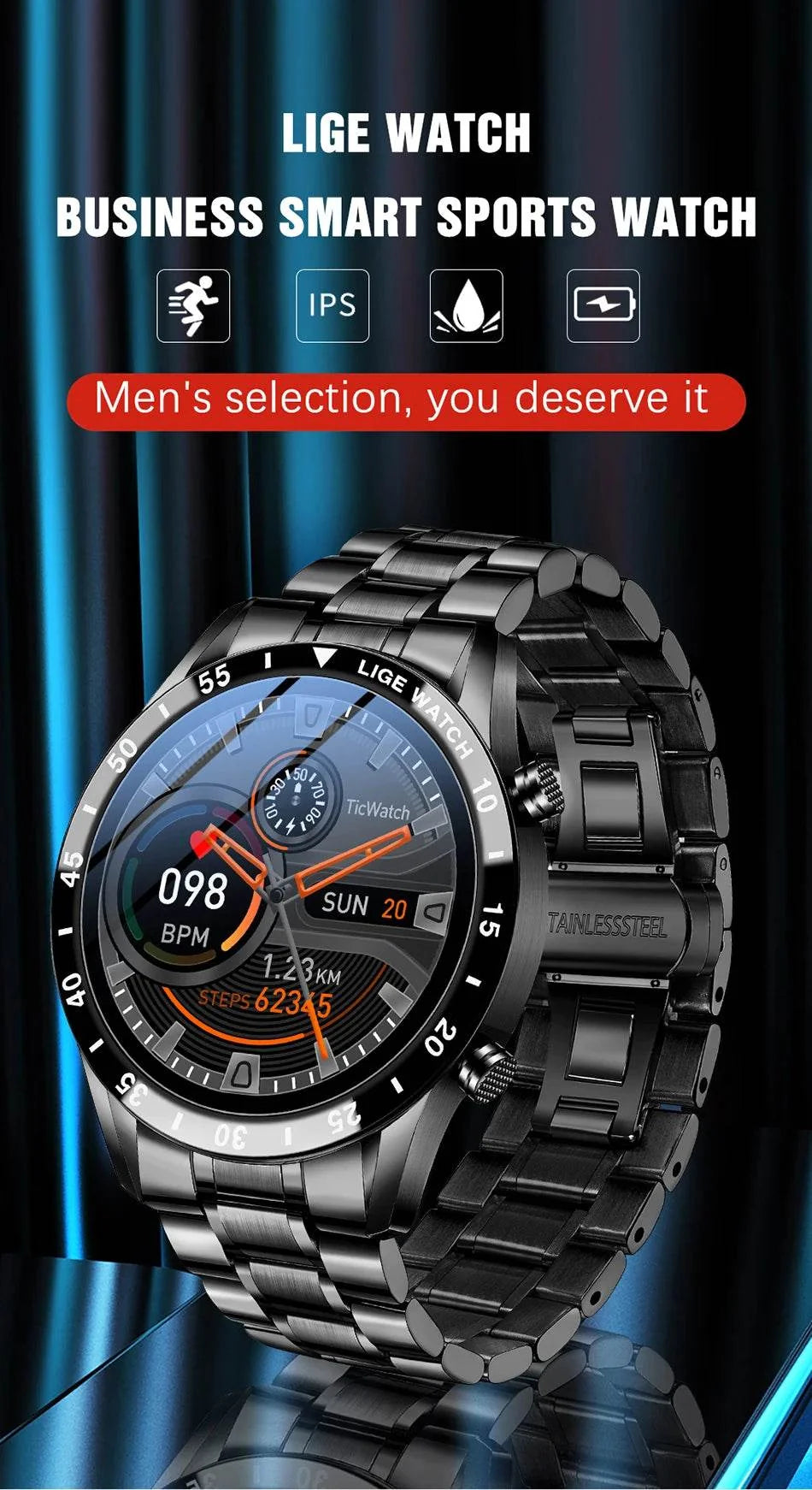 LIGE Smart Watch Men Full Circle Touch Screen Bluetooth Call Men Smartwatch Waterproof Sport Activity Fitness Watch+Box