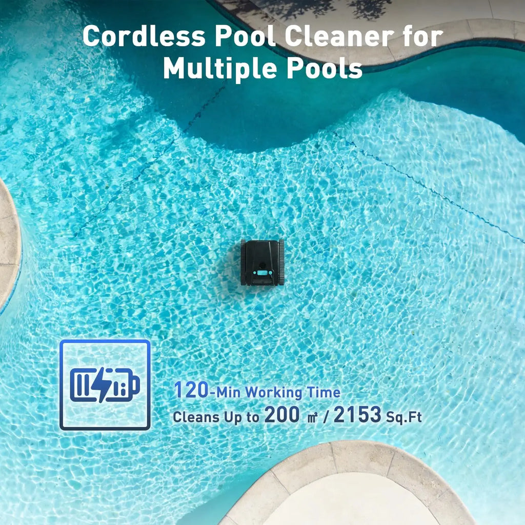 Cordless robotic pool cleaner for above-ground and in-ground pools; features automatic parking; maximum cleaning coverage of 19.8 meters / 1,100 square meters (tracked model). FLIPSTYLEZLLC