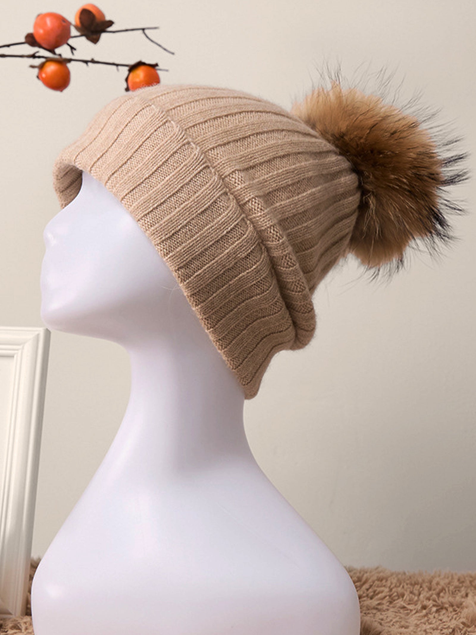 100% Cashmere Rib-Knit Slouchy Beanie With Pom-Pom