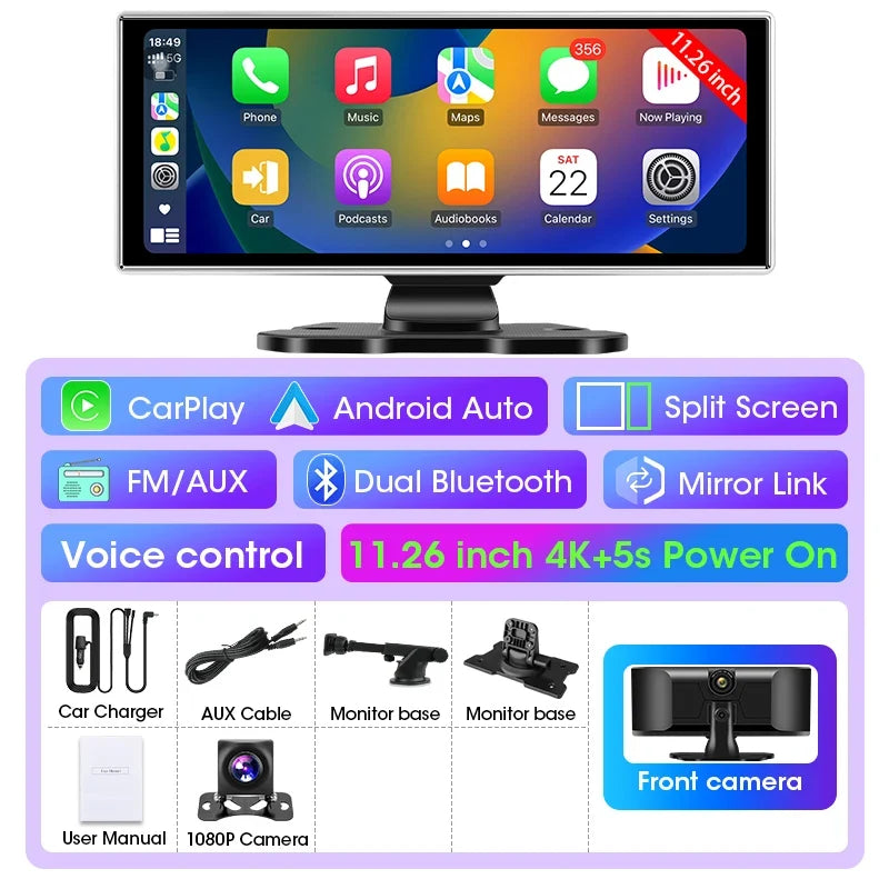 11.26 inch Dash Cam 4K Car DVR Wireless CarPlay & Android Auto GPS Navigation Video Recorder Dashboard Dual Lens WIFI FM AUX