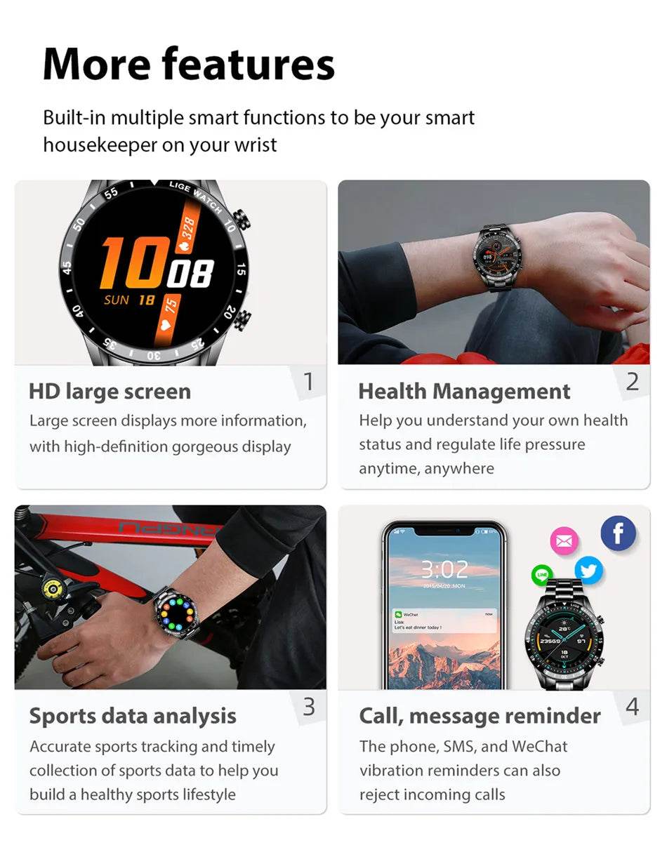 LIGE New Smart Watch Men Bluetooth Call Watch IP67 Waterproof Sports Fitness Bracelet For Android IOS Clock