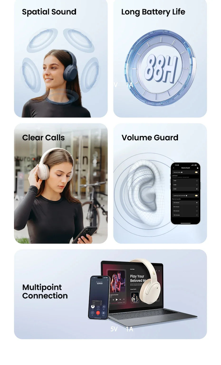 Edifier ANC Wireless Headphone Bluetooth 6.1 Over-ear Headset -49dB Noise Cancelling Earphone Hi-Res Audio