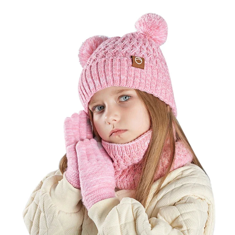 New Children Hats Scarf Gloves Set Cute Bear Colorful Knitted Hat Plus Velvet Warm Hoods Caps for Girls Baby Outdoor Accessories NS Superstore